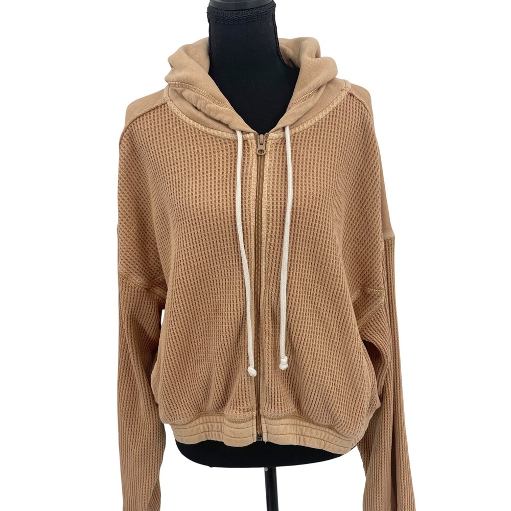 Aerie Womens XL Waffle‎ Knit Full Zip Hoodie Tan Cropped Relaxed Fit Sweatshirt
